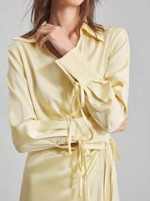 Ontre Women's Pale Yellow Autumn Elegant Tea Party Satin Wrap Dress,Long Sleeve V-Neck Tie Collar Waisted Loose Casual Business Commuter Mid-Length Dress - Yellow - View 6