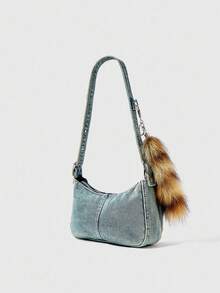 ROMWE Grunge Punk 1pc Double Pocket Shoulder Bag With Faux Fur Tail Charm, Fashionable Personalized Vacation Style Women Handbag (Includes 1 Bag And 1 Set Of Accessories)