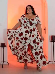 Pretty and Ole Plus Size Summer Elegant Rose Print Off Shoulder Split Dress Easter Wear - Red and White - View 1