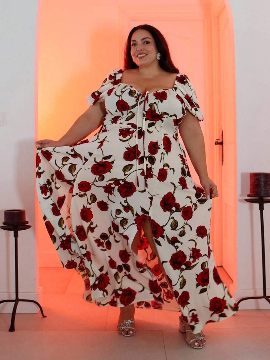 Pretty and Ole Plus Size Summer Elegant Rose Print Off Shoulder Split Dress Easter Wear - Red and White - View 1