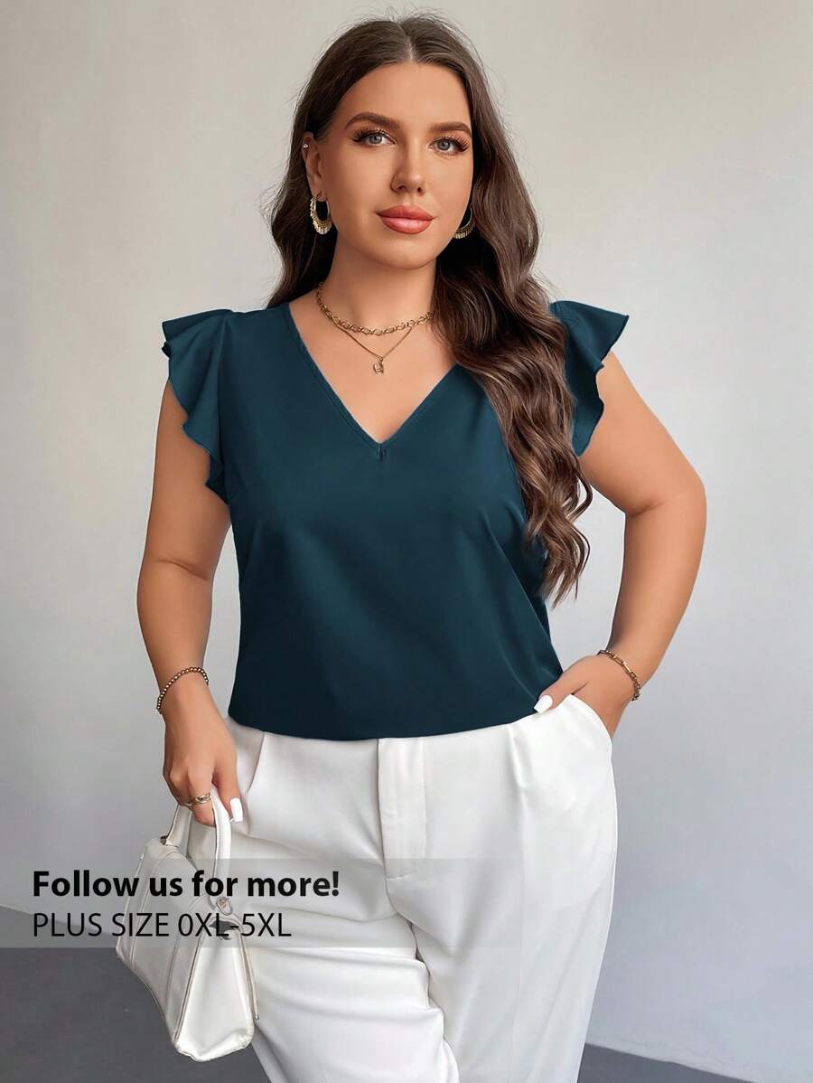 Firerie Plus Size Elegant Commuter Women's V-Neck Ruffle Cap Sleeve Red Festive Minimalist Summer Blouse, Teacher Summer Shirt Spring - Teal Blue - View 1