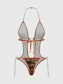 ROMWE J-Fashion Damen Y2K Retro Leoparden-Muster Metallic Folie Bodysuit Sexy Bodysuit für Raves