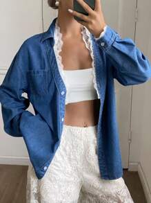 Livesso 女士牛仔上衣，领口和袖口饰有蕾丝花边，牛仔外套，秋季女装长袖 - 藍色 - 查看 2