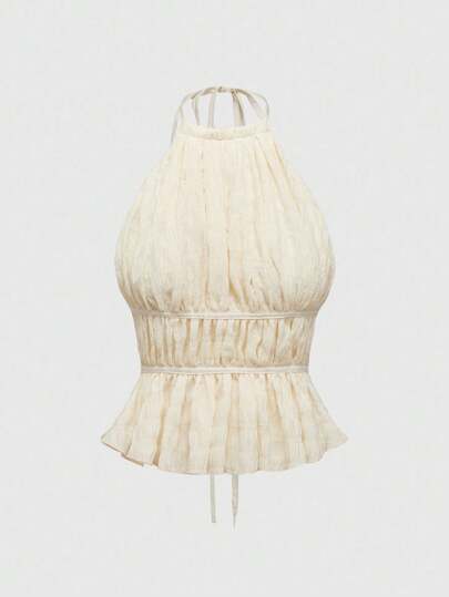 ROMWE Avant Women's Solid Color Ruffle Hem Halter Neck Tank Top, Fashion