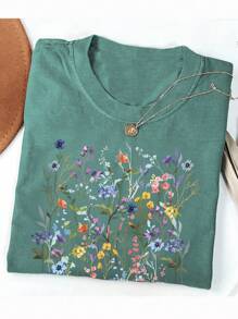 INAWLY 女式落肩碎花休闲短袖T恤，夏季 - 青碧色 - 查看 3