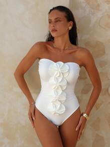 Swim Chiccia 2025 Summer New Women Swimsuit Beach 3D Floral Holiday Independence Day Solid Strapless Backless One-Piece Swimwear - White - View 1