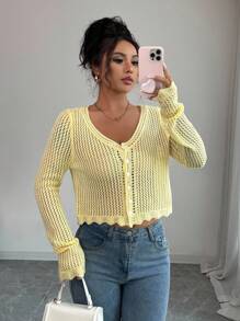 Rafferiza Hollow Out Crew Neck Long Sleeve Single-Breasted Knitted Cardigan Cropped Cardigan Yellow Sweater Fall Cloth For Women - Yellow - View 1