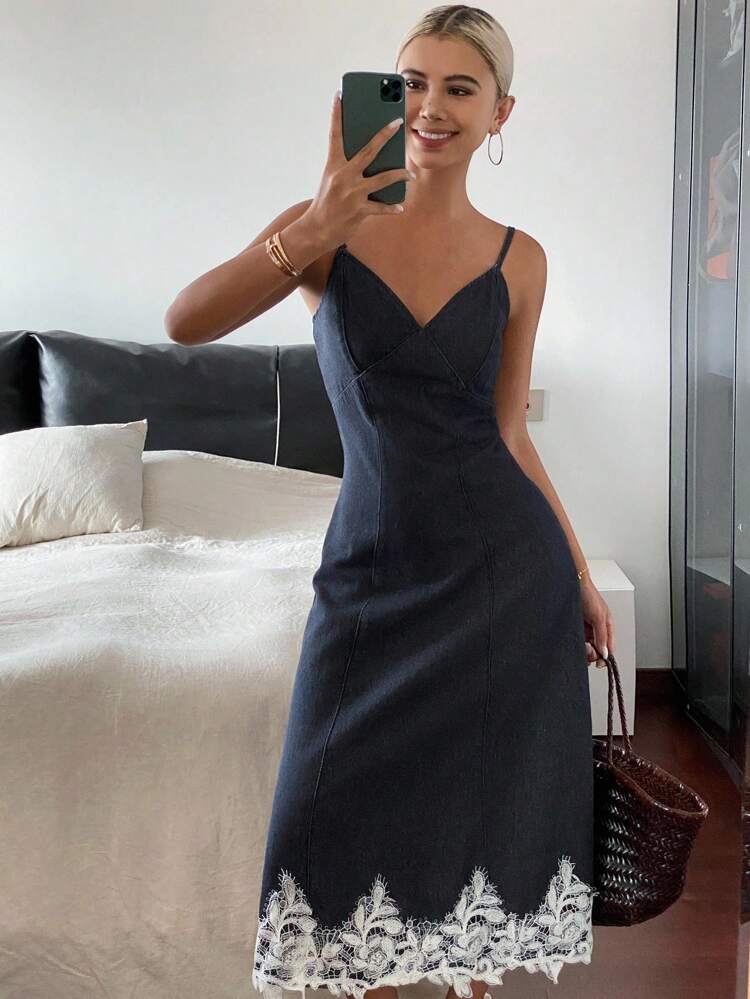 Contrast Lace Trim Fitted Waist Spaghetti Strap Dress, Casual Summer Holiday Women Denim Dress Maxi Dress