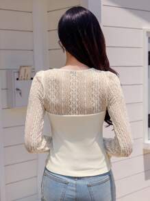 DAZY Women's Square Neck Lace Patchwork Slim Fit Short Elegant Long Sleeve T-Shirt - Beige - View 5