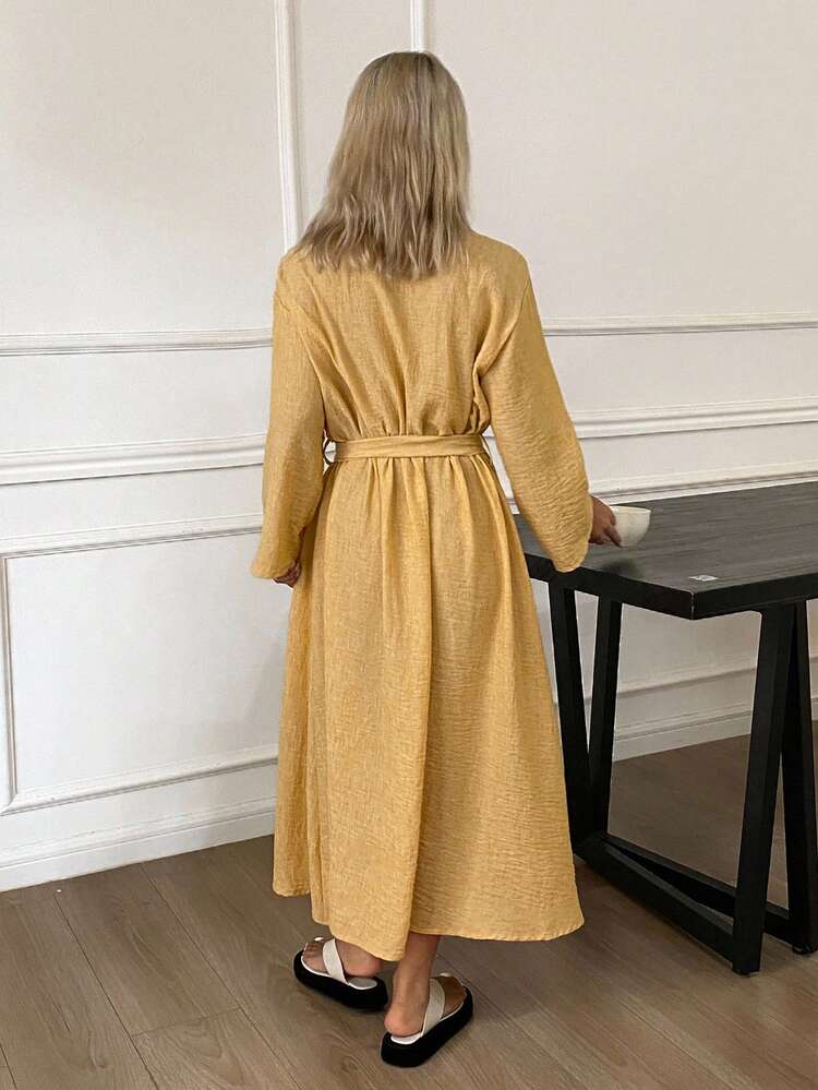 Sequin Lace Trim Waist Belt Decor Women Nightgown, Fall Pajama