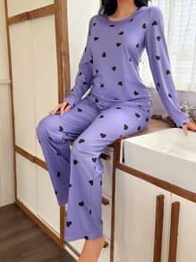 SHEIN Bộ đồ ngủ in hình trái tim màu tím, áo cổ tròn và quần dài tay, bộ đồ ngủ in hình trái tim màu tím thoải mái, bộ đồ ngủ màu hoa oải hương, quần áo thu đông - Màu tím - Xem 3