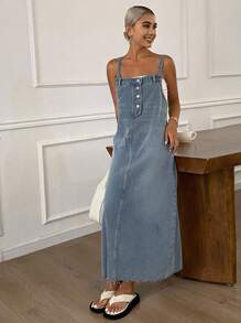 Livesso Abito salopette in jeans casual da donna con lavaggio estivo e dettagli con bottoni