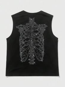 ROMWE MEN Goth Unisex English Graphic Rhinestone Decor Streetwear Tank Top, Halloween - Black - View 2
