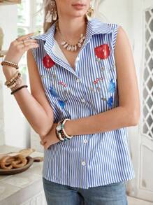 LanaWest 女士条纹花卉图案随机单排扣休闲无袖衬衫 - 藍色 - 查看 3