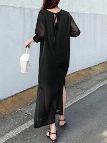 FRIFUL 女士圆领蝴蝶结露背宽松休闲长裙