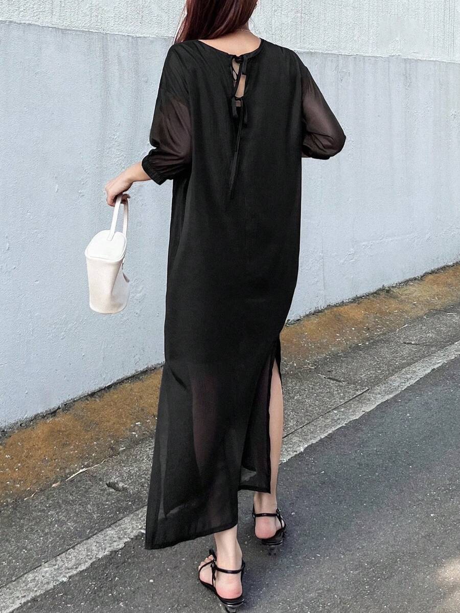 FRIFUL 女士圆领蝴蝶结露背宽松休闲长裙