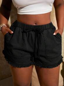 SHEIN SXY 大码女式新款复古水洗复古松紧腰流苏下摆短裤，适合日常穿着，音乐节、音乐会、狂欢派对、海滩度假、约会之夜、生日、单身派对、俱乐部、可爱、休闲、购物、街头服饰、外出 - 黑色 - 查看 3