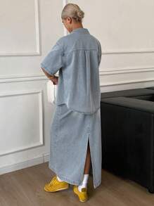 Livesso Women Summer Short Sleeve Shirt & Denim Skirt 2-Piece Set - Blue - View 2