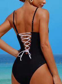 Shapewave 1 bộ đồ bơi bikini đơn sắc màu tương phản dành cho nữ có áo ngực thép, dây đeo vai có thể tháo rời, thiết kế dây rút phía sau tối giản và thanh lịch, hoàn hảo cho kỳ nghỉ ở bãi biển - Đen và trắng - Xem 2