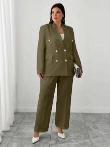 RueChic 女士简约商务纯色翻领双排扣西装外套和裤子 - 橄欖綠 - 查看 1