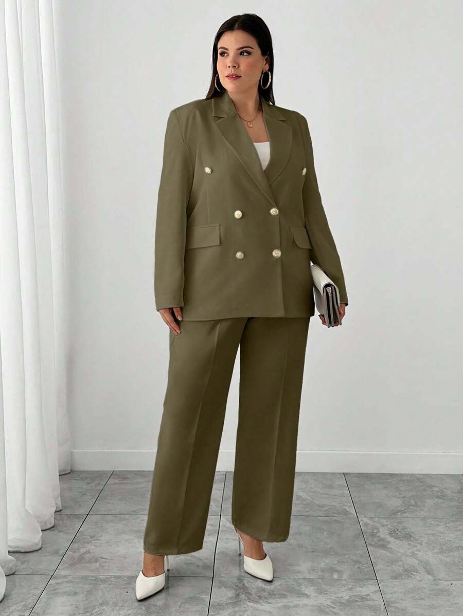 RueChic 女士简约商务纯色翻领双排扣西装外套和裤子 - 橄欖綠 - 查看 1