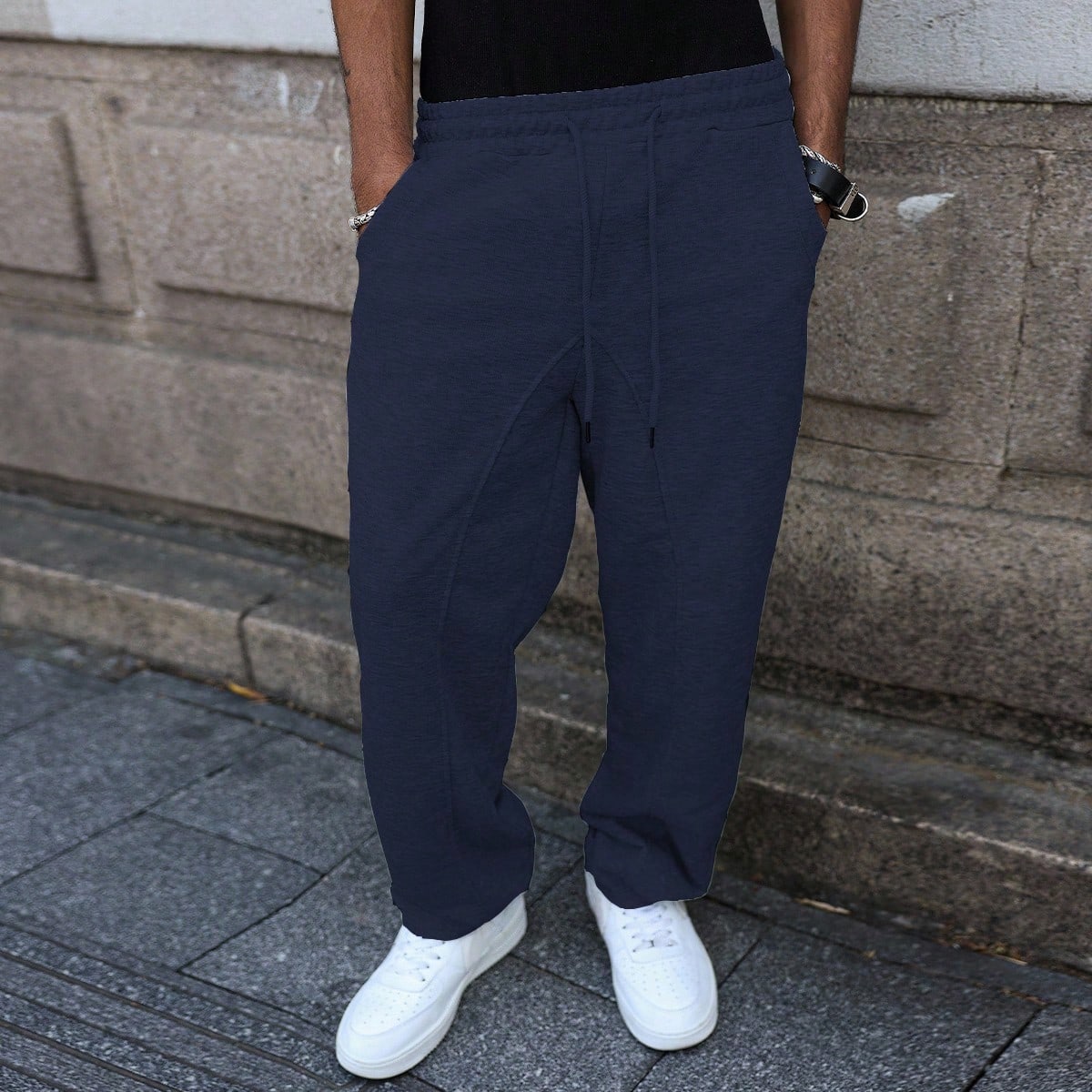 Manfinity Streetrush Young Men's Patchwork Streetwear Style Solid Color Drawstring Waist Loose Casual Sweatpants