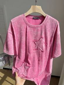 SHEIN EZwear Women Plus Size Embroidered Washed Short Sleeve T-Shirt - Pink - View 1