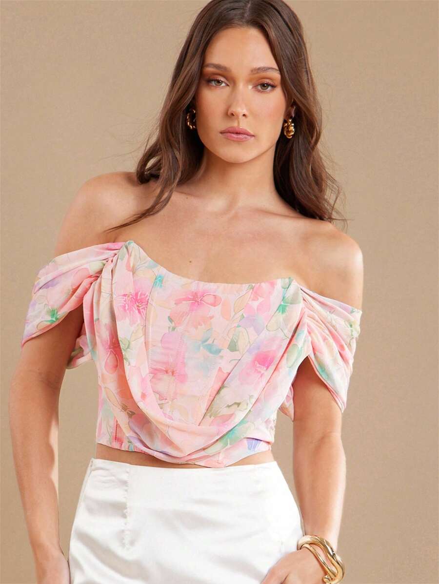 L'Amorae Bluză elegantă cu mânecă scurtă, cu imprimeu floral și umeri goi - Baby Pink - Vizualizare 1