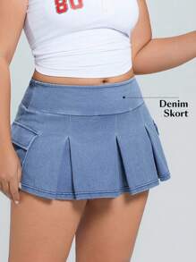 Flexra Váy mini thể thao denim co giãn cao cỡ lớn cho nữ, nhẹ, có túi - Rửa trung bình - Xem 4