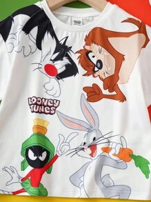 LOONEY TUNES X SHEIN 小男孩可爱猫咪图案白色休闲短袖T恤 - 白色 - 查看 3