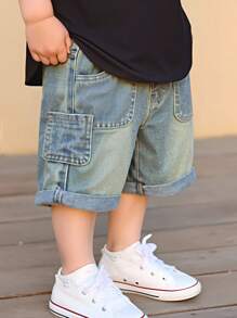 Baby Boy Y2K Vintage Wash Wide Leg Loose Denim Shorts,Black And White,Summer,Casual,City Break Comfortable Fashionable Daily Wear Boys Summer Shorts - Medium Wash - View 6