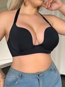 SHEIN Plus Size Women Solid Color Wire-Decorated Push-Up Halter Bra With Detachable Transparent Straps, Lift - Black - View 4