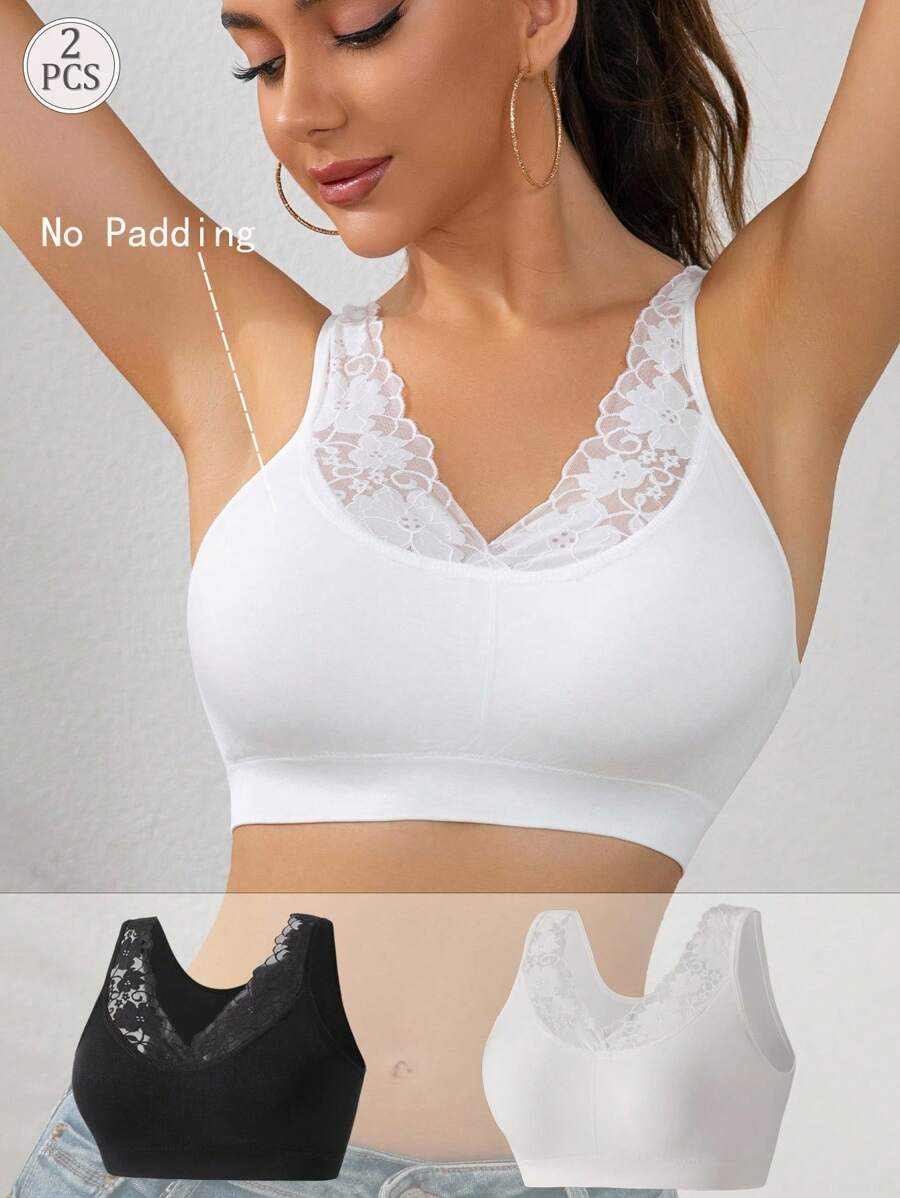 SHEIN 2件套女士奢华蕾丝拼接打底上衣 - 黑與白 - 查看 1