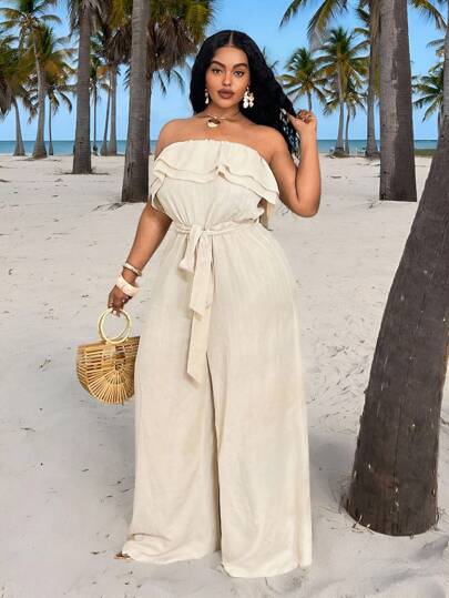 Slaydiva 2025 春夏新款休闲度假乡村服装女装/斯德哥尔摩风格/复古服装女装/全白派对服装女装/女士海滩服装，优雅海岛度假派对聚会纯色杏色绉布双层紧身胸衣束腰系带大码女式连体裤