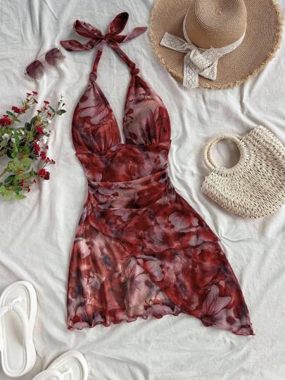 Dreamara 大码女式扎染花卉印花露背系带透视荷叶边浪漫假日迷你连衣裙