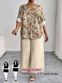 SHEIN PETITE CURVE Ensemble chemise et pantalon à imprimé floral grande taille, tenue décontractée de vacances - Nude - Voir 1