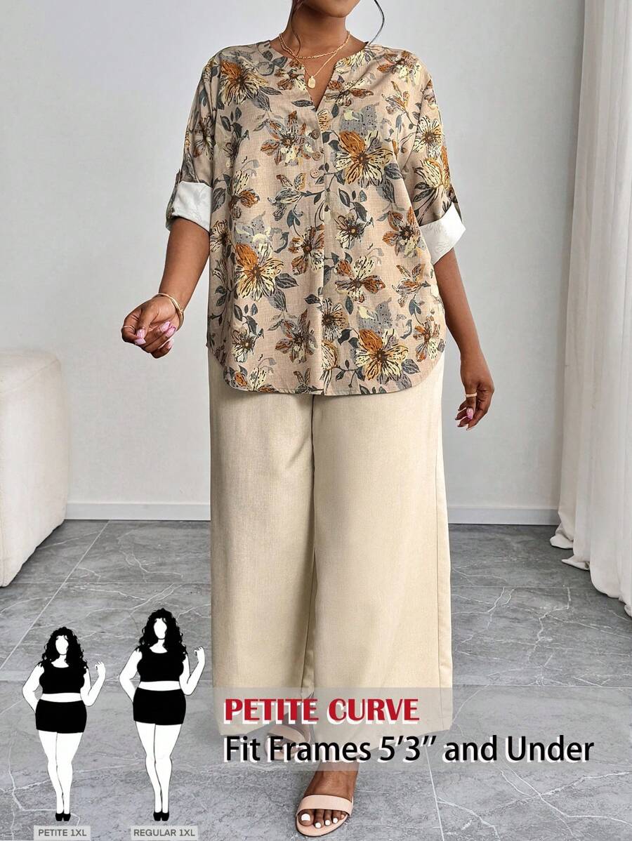 SHEIN PETITE CURVE Ensemble chemise et pantalon à imprimé floral grande taille, tenue décontractée de vacances - Nude - Voir 1
