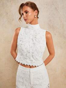 COSMINA 女士花卉蕾丝镂空立领简约无袖时尚衬衫，返校节，秋季服装