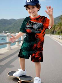 Set de 2 camisetas deportivas informales con bloqueo de colores y gráfico de dinosaurio cómodas para niños preadolescentes, apropiadas para el estilo callejero en verano