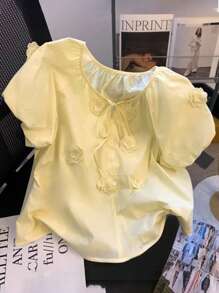 SHEIN LUNE Ladies' Casual 3D Flower Puff Sleeve Yellow Blouse Butter Yellow Top Summer Outfits For Women Vacation Outfits Woman Going Out Tops Women Vacation Outfits Women Teacher Outfits For Women Cute Shirts Summer Clothes Women Old Money Style Women Butter Yellow Country Outfits Women Bohemian Clothes Work Tops Tie Front Top - Yellow - View 7