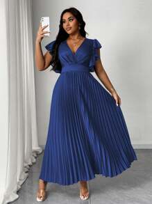 Maweii Plus Size Solid Color V-Neck Ruffle Sleeve Pleated Midi Dress - Navy Blue - View 1