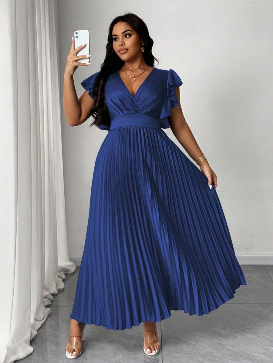 Maweii Plus Size Solid Color V-Neck Ruffle Sleeve Pleated Midi Dress - Navy Blue - View 1