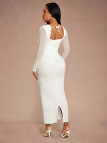 SHEIN SXY Plus Size Women's Spring & Summer Elegant Sexy Daily Basic Handmade Beading Romantic White High Stretch Knitted Patchwork Mesh Corset Style Bodycon Long Dress Halloween Lace - White - View 7