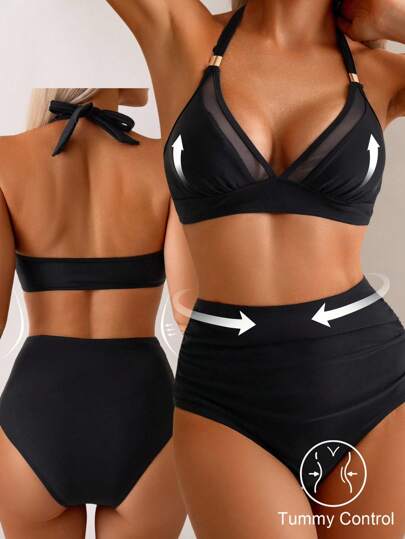 Shapewave Women's Summer Vacation Casual Beach Wear Solid Black Mesh Patchwork Swimsuit 2-Piece Set, Tie-Up Tummy Control High Waist Shorts Bikini