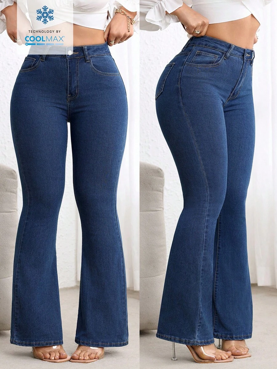 Flexra 大码深蓝色水洗高腰紧身喇叭牛仔裤 - 深色水洗藍 - 查看 1