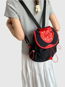 ROMWE 1pc Black Kawaii Cute Summer Strawberry Print Fashion Backpack For Women, Suitable For Daily Commute, School, Travel, Etc. - Black - View 3