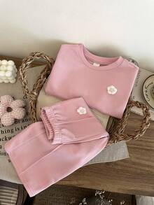 LMoss Kids LMoss 2 Pieces Set Baby Girls Knit Color Block Sweatshirt & Pants,Cute Pink Flower Long Sleeve Tops & Bottoms Autumn Family Matching Girl Clothes Sets - Pink - View 7