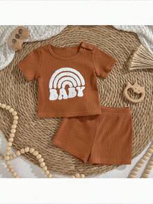 Loomiva Newborn Baby Rainbow Pattern Knitted Soft Round Neck Short Sleeve Top And Elastic Waist Shorts 2 Pieces Set Brown,Summer,Casual,Family Matching Outfit - Khaki - View 7