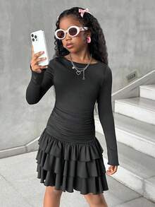 SHEIN 少女优雅纯色荷叶边长袖褶皱连衣裙，母女装（2 件套单独出售）