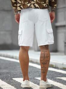 Manfinity Homme 男士简约纯色多口袋休闲工装牛仔短裤，夏季 - 白色 - 查看 2